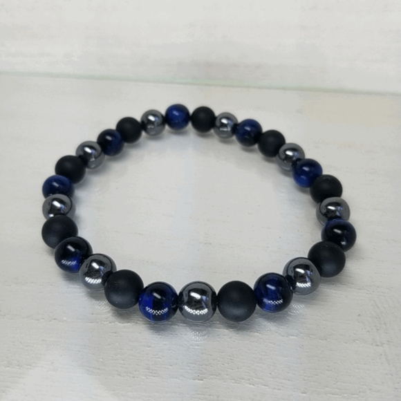 Blue Tiger Eye, Onyx & Hematite Stretch Bracelet - Picture 4 of 9